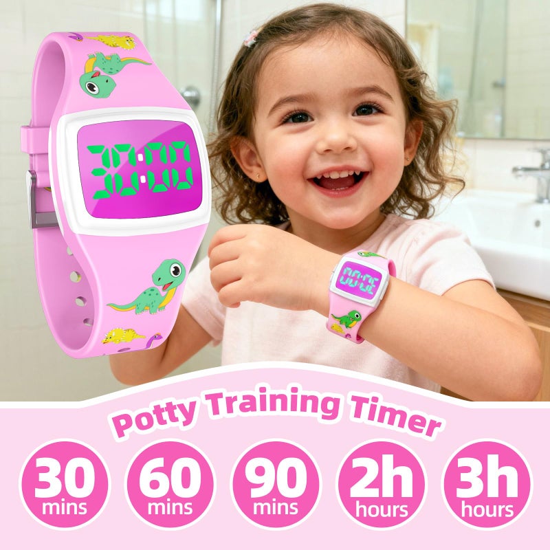 SKYROKU Potty Watch for Toddler Girls â€“ Magnetic Charging, 5 Timing Modes, Ultra-Long Standby, Cute Dinosaur Pattern, Music & Flash Reminders, Silicone Strap, Large Dial for Easy Use (Pink-White) - Image 4