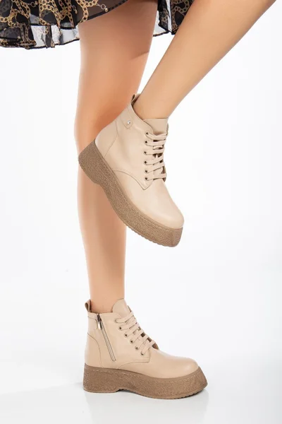 Dilimler Ayakkabı Slices Shoes Women Boots Thick Sole Nude Skin Lace Up
