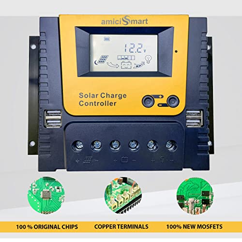 amiciSmart Solar Charge Controller, 4-Stage Intelligent Lithium Battery Regulator for Solar Panel with LCD Display USB Port 12V/24V/36V/48V (80A) - Image 2