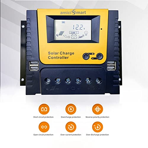 amiciSmart Solar Charge Controller, 4-Stage Intelligent Lithium Battery Regulator for Solar Panel with LCD Display USB Port 12V/24V/36V/48V (80A) - Image 5