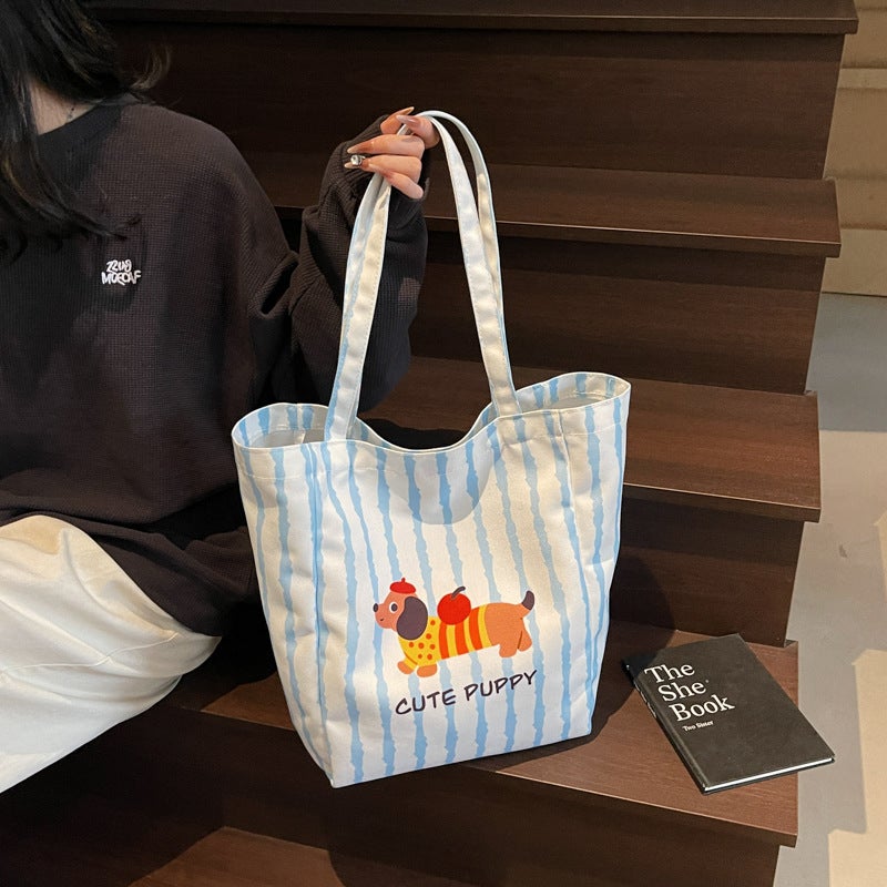 New Cute Cartoon Illustration Puppy Large Capacity Nylon Shoulder Bag Student Class Bag Lightweight Shopping Bag Commuting - Image 5
