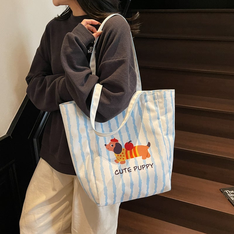 New Cute Cartoon Illustration Puppy Large Capacity Nylon Shoulder Bag Student Class Bag Lightweight Shopping Bag Commuting - Image 3