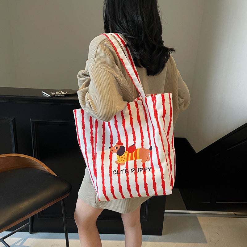 New Cute Cartoon Illustration Puppy Large Capacity Nylon Shoulder Bag Student Class Bag Lightweight Shopping Bag Commuting - Image 2