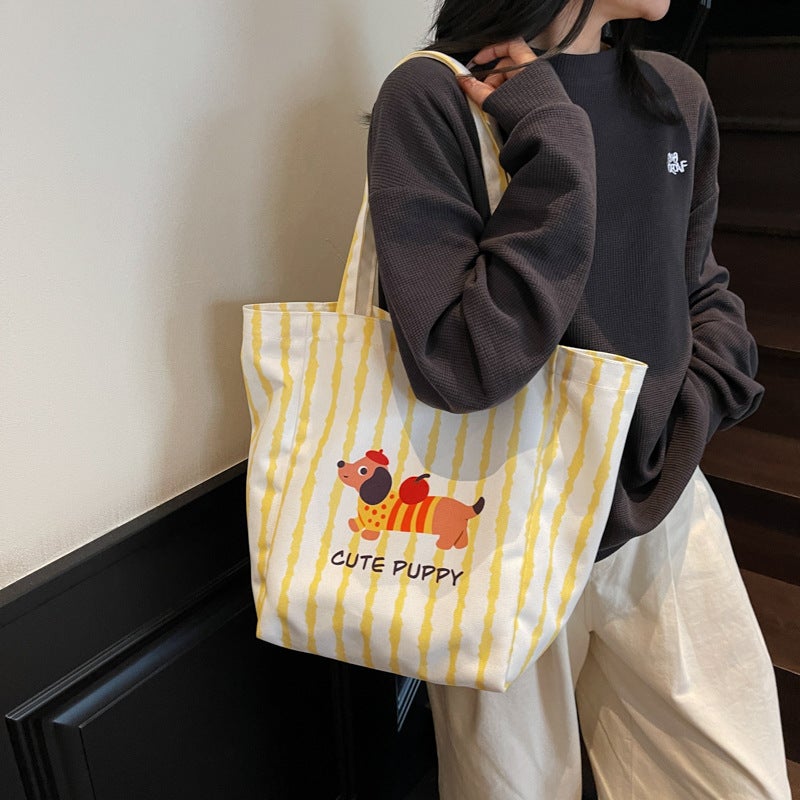 New Cute Cartoon Illustration Puppy Large Capacity Nylon Shoulder Bag Student Class Bag Lightweight Shopping Bag Commuting - Image 4