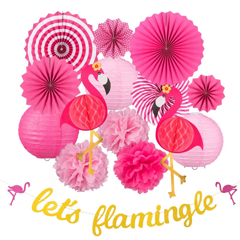Whaline Flamingo Party Honeycomb Decoration Hawaii Flamingo Paper Fans Pink Pom Poms Flowers Paper Lanterns Flamingo Gold Banner for Summer Beach Luau Birthday Baby Shower Wedding Party 15Pcs