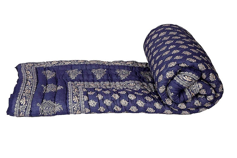 Namaste India Namaste India Sanganeri Handmade Gold Print Jaipuri Light Weight Pure Cotton RajaiRazai Dark Blue Single Bed Quilt 55X85 Inches - Image 1