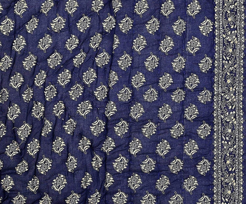 Namaste India Namaste India Sanganeri Handmade Gold Print Jaipuri Light Weight Pure Cotton RajaiRazai Dark Blue Single Bed Quilt 55X85 Inches - Image 3
