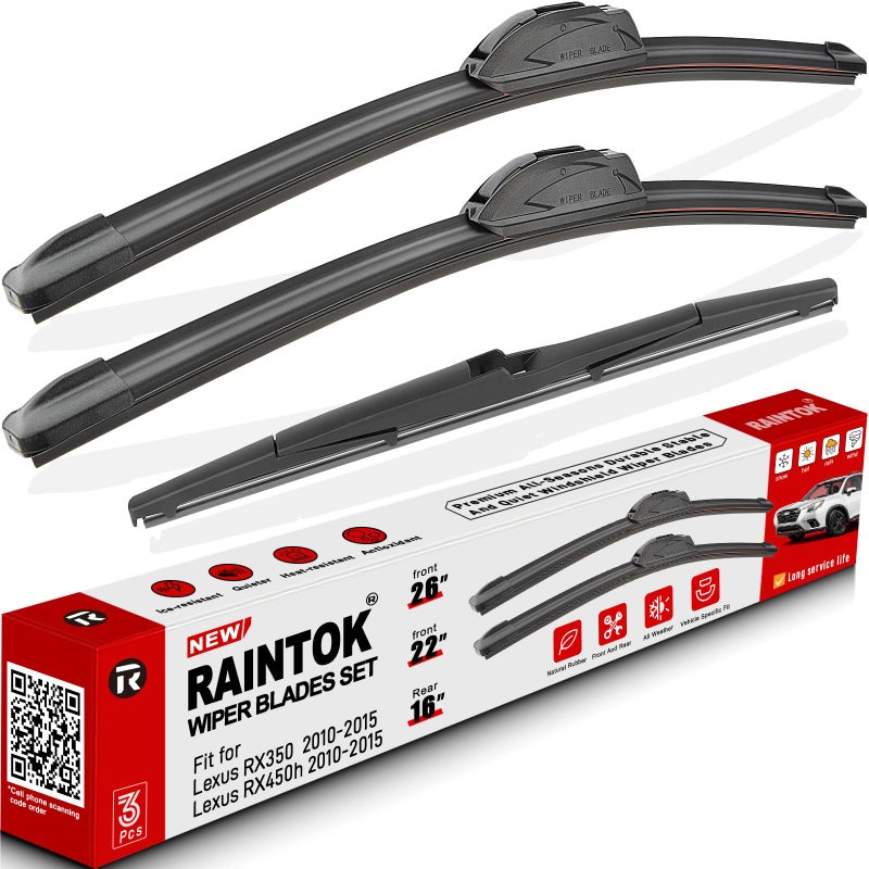 شفاطات الزجاج الأمامي RAINTOK بديل لسيارات 2010-2015 لكزس RX350 RX450h RX 350 450h مجموعة شفرات المساحات الأمامية والخلفية بجودة المصنع الأصلية 26 22 16 عبوة من 3