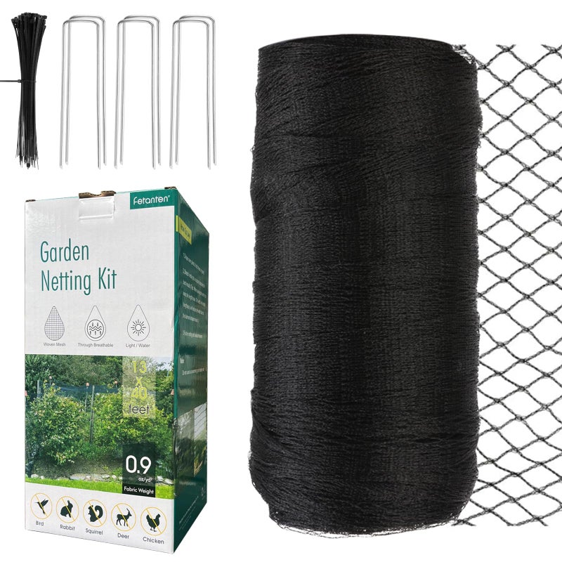 Fetanten Bird Netting for Garden, Fetanten 13 x 40 FT Netting for Garden Protection Vegetables Fruit Trees Blueberry from Birds Deer Poultry, Heavy Duty Woven Mesh Net Animal Fencing with Ties and Staples - Image 1
