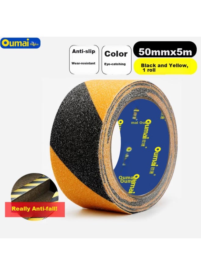 Oumai Frosted Non-slip Tape, Pvc Safety Warning Anti-slip Tape, Stair Floor Sticker, Step Anti-slip Strip, Floor Tile Anti-slip Frosted Tape, 5cm*5m, Black And Yellow, 1 Roll - Image 1