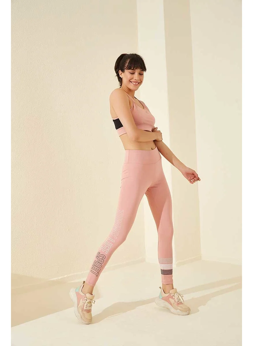 Tommy Life Powder Women's High Waist Text Printed Slim Fit Skinny Leg Leggings - 94544