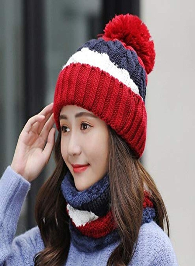Alexvyan Twist Color Matching Winter Soft Warm 1 Set Snow Proof Knitted Ball Cap (Inside Fur) Woolen Beanie Cap with Scarf Muffler for Women Girl (Red) - Image 2
