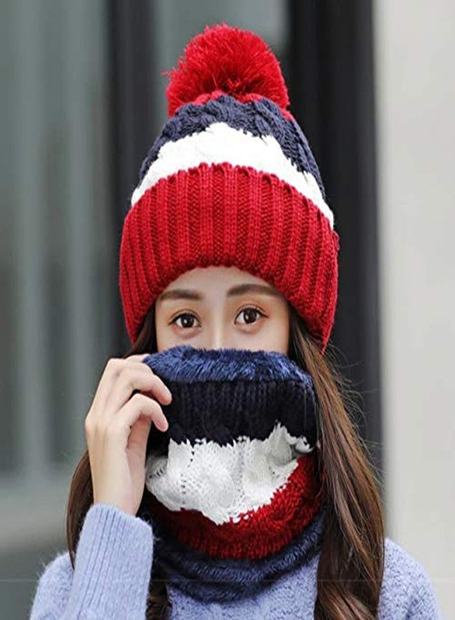 Alexvyan Twist Color Matching Winter Soft Warm 1 Set Snow Proof Knitted Ball Cap (Inside Fur) Woolen Beanie Cap with Scarf Muffler for Women Girl (Red) - Image 4