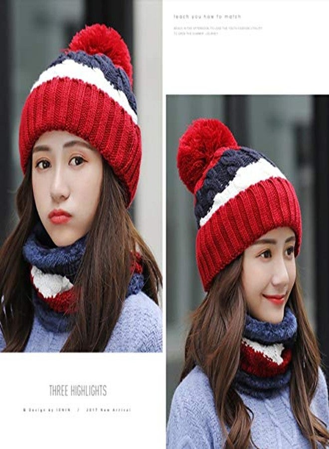 Alexvyan Twist Color Matching Winter Soft Warm 1 Set Snow Proof Knitted Ball Cap (Inside Fur) Woolen Beanie Cap with Scarf Muffler for Women Girl (Red) - Image 3