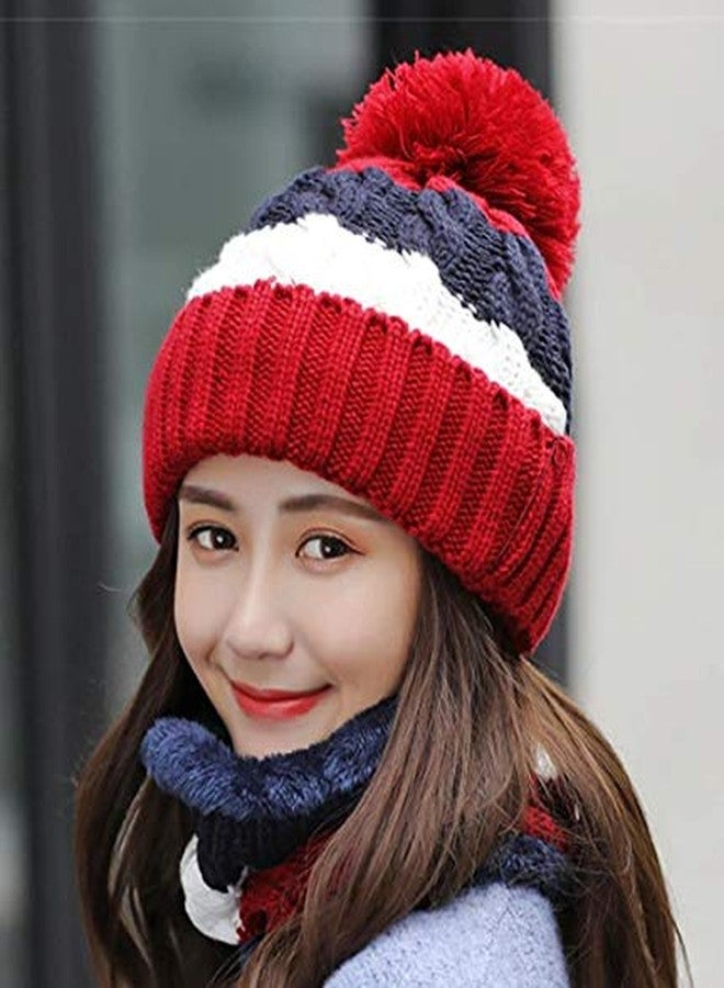 Alexvyan Twist Color Matching Winter Soft Warm 1 Set Snow Proof Knitted Ball Cap (Inside Fur) Woolen Beanie Cap with Scarf Muffler for Women Girl (Red) - Image 5