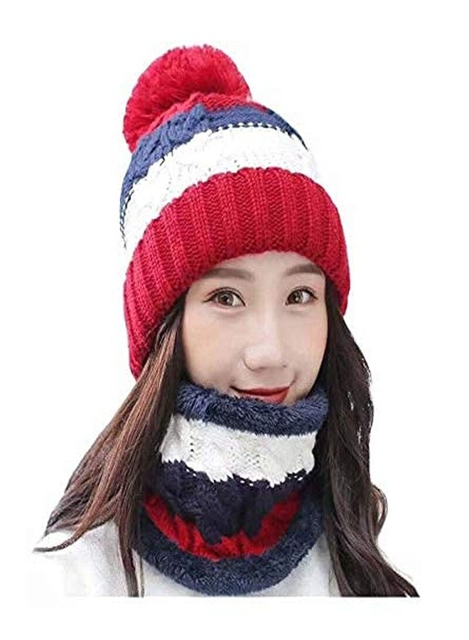 Alexvyan Twist Color Matching Winter Soft Warm 1 Set Snow Proof Knitted Ball Cap (Inside Fur) Woolen Beanie Cap with Scarf Muffler for Women Girl (Red) - Image 1