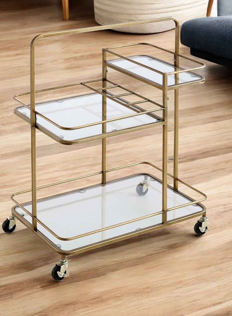 fan baytk This 3-Tier Glass Serving Cart with Wheels is a beautiful vintage inspired serving cart perfect for those who love botanical details and shiny gold furniture. This serving cart comes in a 3-tier design, with 4 bottle/cup holders. It features a gold finish and attractive details. - Image 2