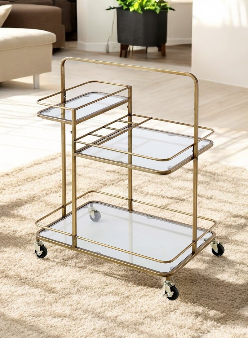 fan baytk This 3-Tier Glass Serving Cart with Wheels is a beautiful vintage inspired serving cart perfect for those who love botanical details and shiny gold furniture. This serving cart comes in a 3-tier design, with 4 bottle/cup holders. It features a gold finish and attractive details. - Image 5