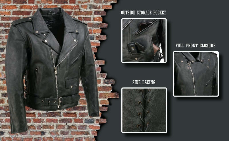 EVENT LEATHER EL5411 Men's Black Classic Side Lace Motorcycle Leather Jacket – Motorcycle Riding Jackets - Large - Image 2