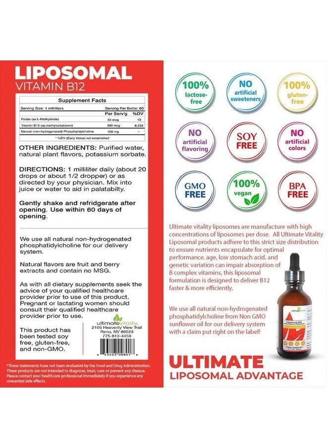 UltimateVitality - Liposomal B12 Methylcobalamin Liquid with Folate as L-5-Methylfolate Enhanced with Phosphatidylcholine - Designed for Maximum Absorption - 2 Ounces - Image 1