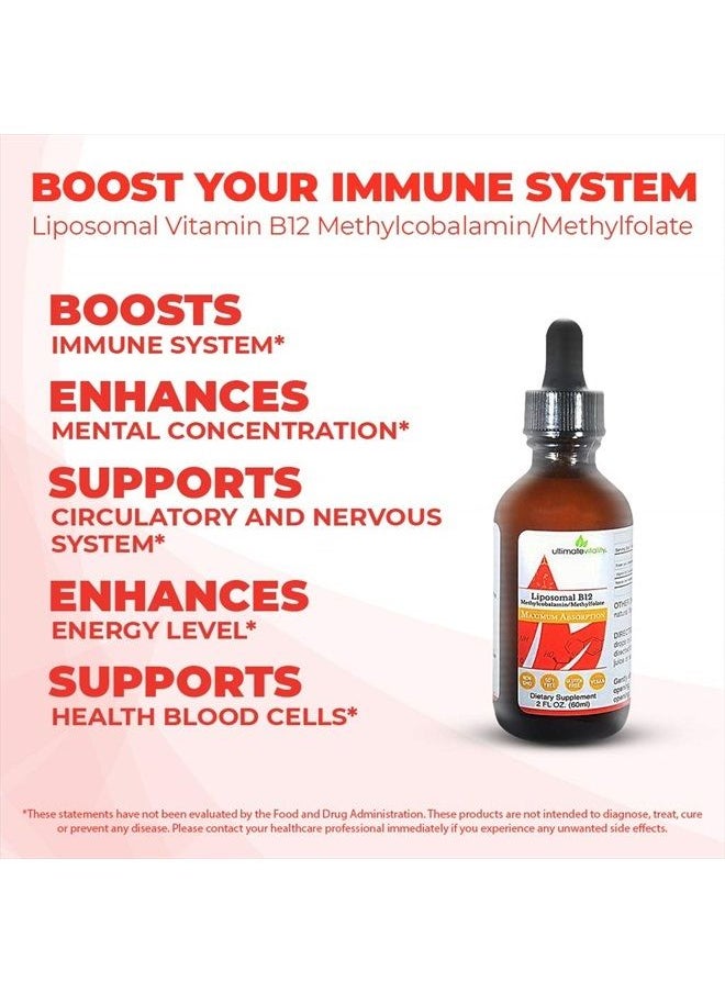 UltimateVitality - Liposomal B12 Methylcobalamin Liquid with Folate as L-5-Methylfolate Enhanced with Phosphatidylcholine - Designed for Maximum Absorption - 2 Ounces - Image 1