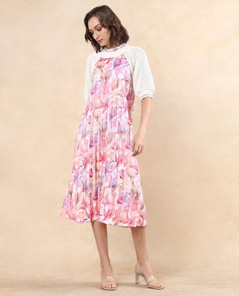 Rareism Women's Pleated Flowy Dress With Knit Sleeve