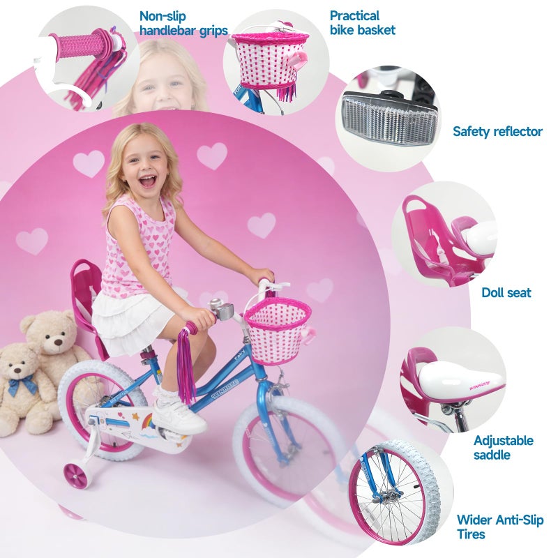 WinHope Girls Bike, 12-18 Inch Children's Bicycle for 2-9 Years Old, Beginner Kids Bike with Training Wheels, Doll Seat & Basket,Streamers for Outdoor Riding, Multiple Colors - Image 4