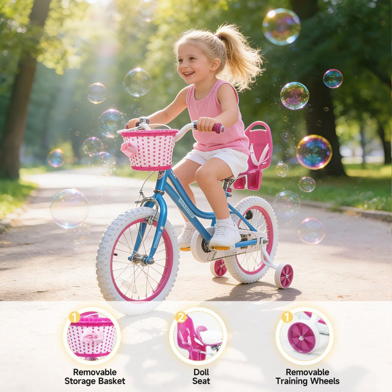 WinHope Girls Bike, 12-18 Inch Children's Bicycle for 2-9 Years Old, Beginner Kids Bike with Training Wheels, Doll Seat & Basket,Streamers for Outdoor Riding, Multiple Colors - Image 2