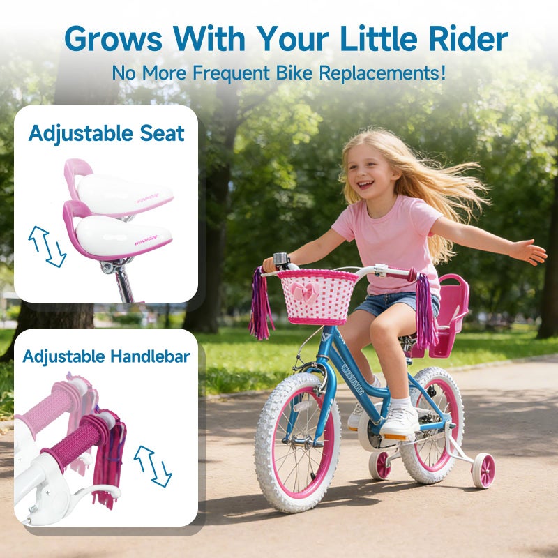 WinHope Girls Bike, 12-18 Inch Children's Bicycle for 2-9 Years Old, Beginner Kids Bike with Training Wheels, Doll Seat & Basket,Streamers for Outdoor Riding, Multiple Colors - Image 5