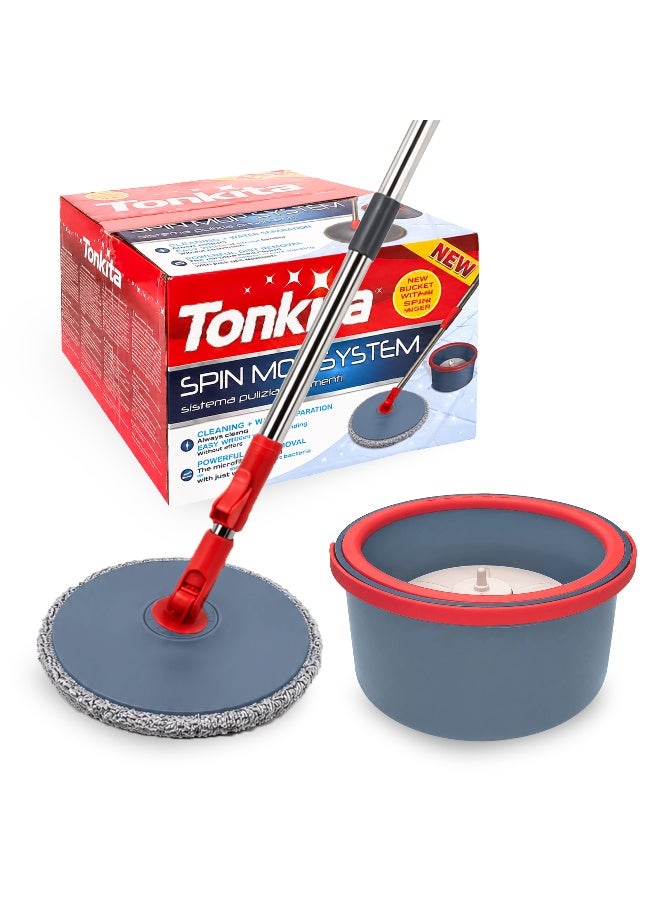 Tonkita Round Spin Mop Cleaning System, High Absorbency Microfiber Mop with Bucket, Easy Wringing Floor Cleaning Set