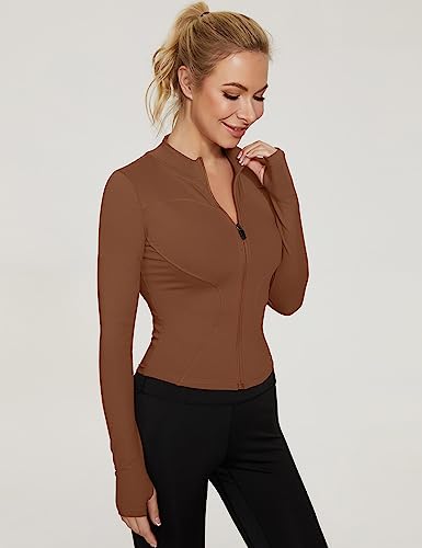 LUYAA Crop Jackets for Women Long Sleeve Workout Tops Lightweight Zip Up Gym Clothes Cropped Hoodie Brown XS - Image 3