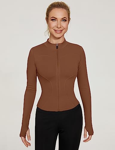LUYAA Crop Jackets for Women Long Sleeve Workout Tops Lightweight Zip Up Gym Clothes Cropped Hoodie Brown XS - Image 2