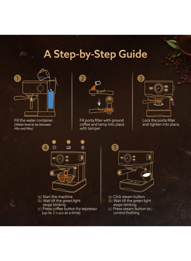 AGARO Imperial Espresso Coffee Maker Machine For Home, 15 Bar, 1100 W, Adjustable Milk Frothing Wand & Double Temperature Control System, Espresso, Cappuccino, Latte, Mocha, Cold Coffee - Image 3