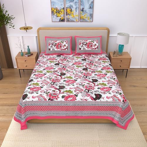EasyGoods® Pure Cotton Ethnic Jaipuri Printed Double Bedsheet with 2 Pillow Covers | Soft & Breathable 240 TC Fabric | Traditional Rajasthani Design for Elegant Home Decor (Rose Pink) - Image 1