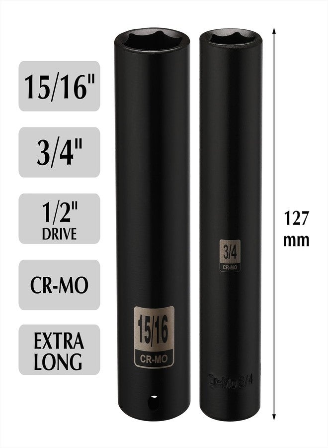 EMENTOL 2PCS 1/2 Inch Drive Extra Long Deep Impact Socket Set- 3/4 Inch and 15/16 Inch, CR-MO, SAE, 6 Point Extra Deep Socket, 5" Length - Image 2