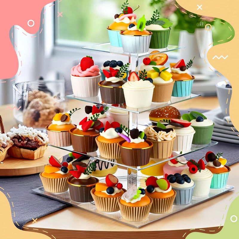Yiyiring حامل كب كيك دوار متعدد الطبقات من الأكريليك، مزيج حامل كيك وحامل كب كيك، حامل عرض شفاف، برج كيك مع صينية متعددة الطبقات للحلويات والمعجنات، لطاولة حفلات عيد الميلاد وحفلات الزفاف (4 طبقات ومستطيل) - Image 5