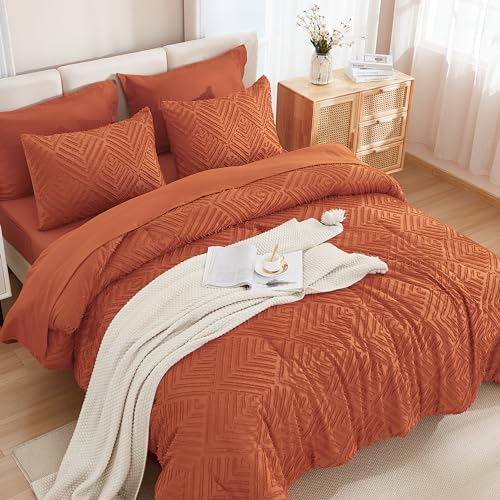 Andency California King Comforter Set Burnt Orange - 7 Piece Cal King Bed in a Bag Boho Terracotta Tufted Bedding Sets, Rust Bed Set with Comforter, Sheets, Pillowcases & Shams - Image 2
