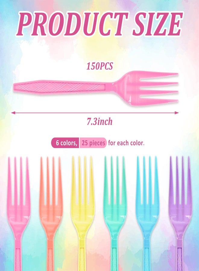 JarThenaAMCS جرثينا AMCS 150 قطعة شوكة بلاستيكية بألوان ماكرون الباستيل 6 ألوان شوكة ثقيلة الاستخدام للتخلص منها لأدوات المائدة للحلويات والعشاء، 7.3 إنش - Image 2