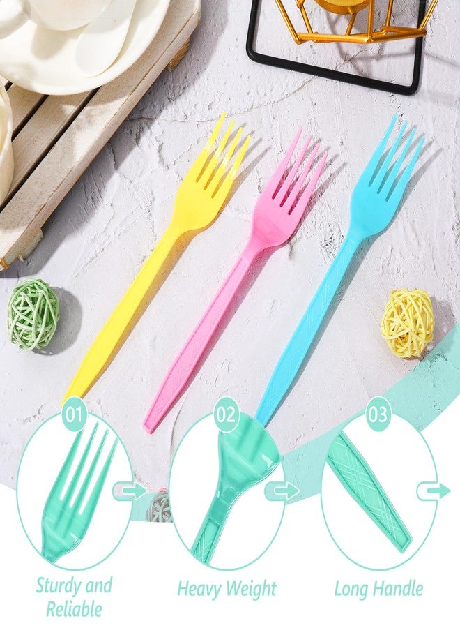 JarThenaAMCS جرثينا AMCS 150 قطعة شوكة بلاستيكية بألوان ماكرون الباستيل 6 ألوان شوكة ثقيلة الاستخدام للتخلص منها لأدوات المائدة للحلويات والعشاء، 7.3 إنش - Image 3