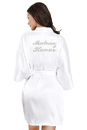 EPLAZA Women's One Size Silver Rhinestones Bride Bridesmaid Short Satin Robes for Wedding Party Getting Ready (White, Matron of Honor) - Image 2