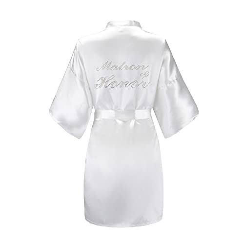 EPLAZA Women's One Size Silver Rhinestones Bride Bridesmaid Short Satin Robes for Wedding Party Getting Ready (White, Matron of Honor) - Image 1