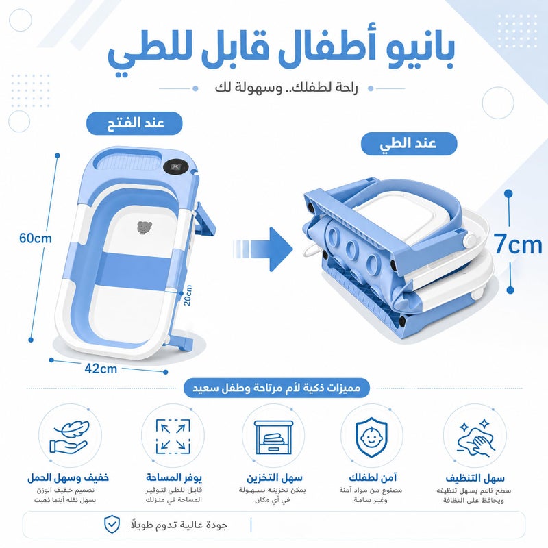 Foldable Baby Bathtub with Temperature Monitor - Portable and Practical Space Saving Bathtub - Image 2