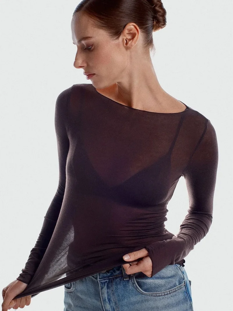 ديلفين DILVIN Slim Fit Boat Neck Long Sleeve Knit Blouse