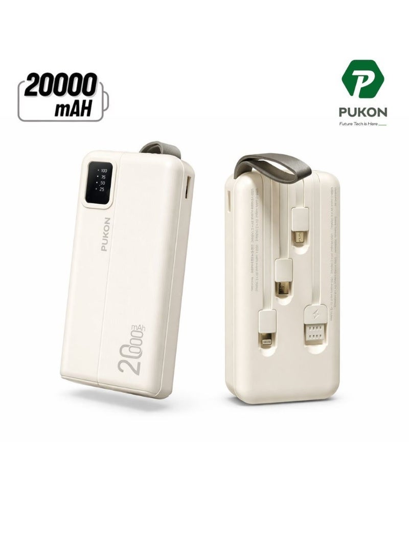 PUKON 20000mAh Power Bank With Built-In Lightning Type-C & Micro USB Cables Fast Charging Portable Charger With LED Display & Carry Strap Beige 1 Year Warranty - Image 1