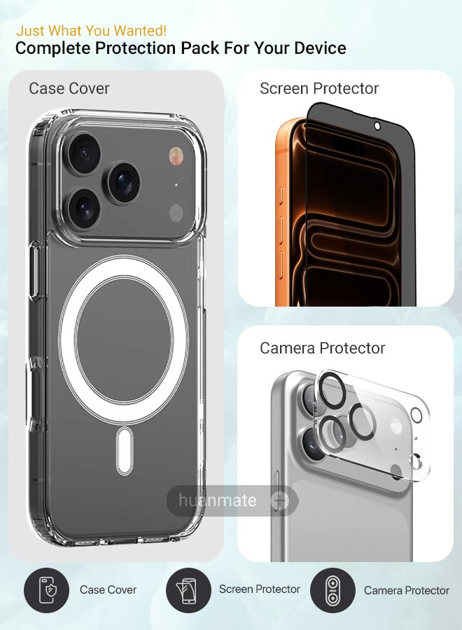 huanmate 3 in 1 Apple iPhone 17 Pro Max MagSafe Protection Pack – Ultra Clear Shockproof Case, Anti-Peeping Privacy Glass Screen Protector & Camera Lens Protectors, 360 Degree Protection for Apple iPhone 17 Pro Max - Image 2