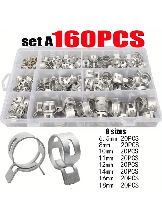 160 Pcs 6.5mm To 18mm Pipe Clamp Box With Dacromet Elastic Band 8 Specifications Each 20 Sets Woodworking Hose Clamps Silver - Image 1