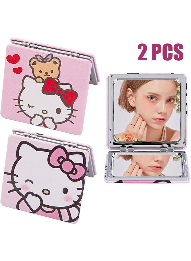 2 Pcs Mini Makeup Mirror, Travel Compact Mirror, Small Pocket Makeup Mirror with 1X/2X Magnifying, PU Leather Cute Mirror, Makeup Gift for Women Girls Friends