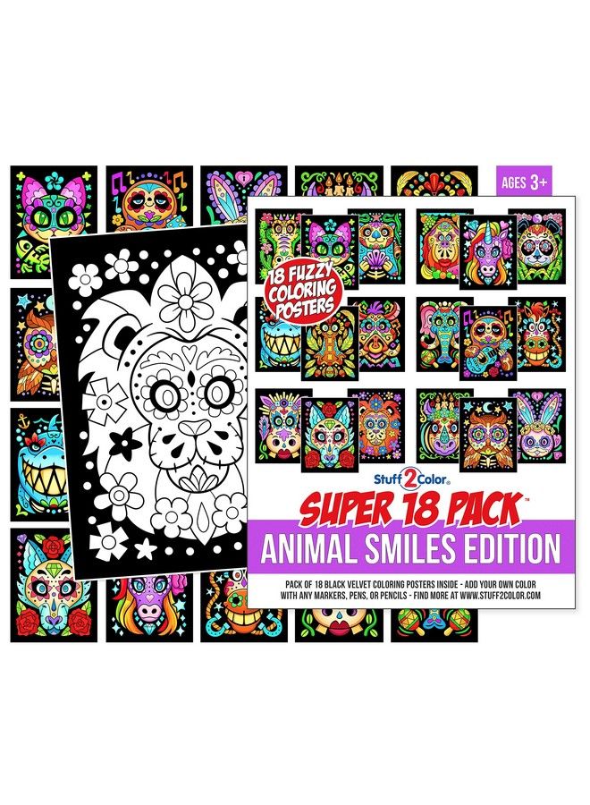 Stuff2Color حزمة سوبر من 18 ملصق تلوين مخملي فuzzy (ابتسامات الحيوانات) للفنون والحرف للبنات والأولاد رائعة للأنشطة بعد المدرسة والسفر والطائرات والأنشطة الجماعية والتلوين مع الأصدقاء - Image 1