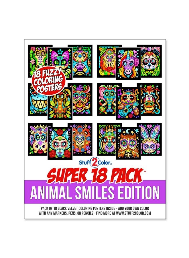 Stuff2Color حزمة سوبر من 18 ملصق تلوين مخملي فuzzy (ابتسامات الحيوانات) للفنون والحرف للبنات والأولاد رائعة للأنشطة بعد المدرسة والسفر والطائرات والأنشطة الجماعية والتلوين مع الأصدقاء - Image 4