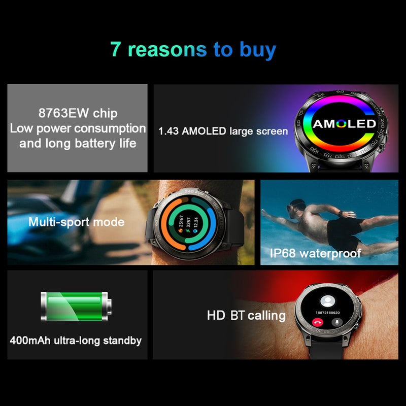 DM50 1.43inch smartwatch HD Color Touchscreen BT Calling Multiple Sports Modes IP68 Waterproof Fitness Activity Tracker Watch for Heart Rate Monitor Sleep Mode Compatible with Android iOS - Image 3